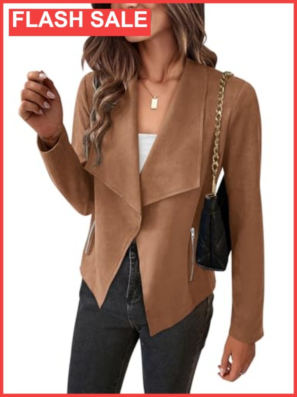 Faux Suede Waterfall Collar Cropped Jacket Long Sleeve Casual Fall Outerwear